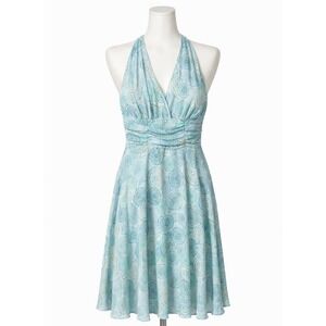 Connected Petite Halter Dress Blue Green Sunburst Print Ruched Waist Size 8P
